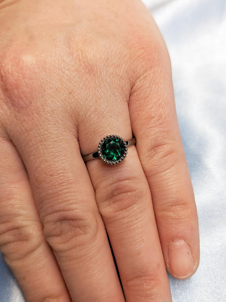 Solitaire Ring, Lab Emerald Ring, Milgrain Ring