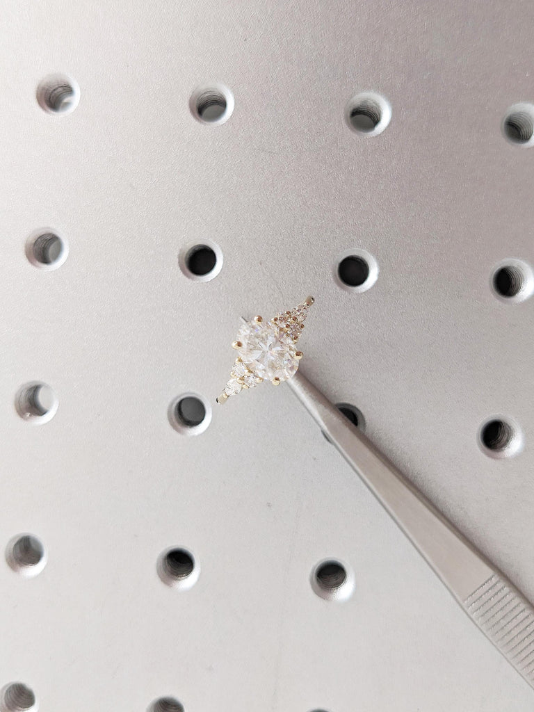 Oval Moissanite Engagement Ring, 14k Yellow Gold Ring, Round, Marquise Cut Diamond Cluster Ring, Art Deco Moissanite Ring, Anniversary Ring