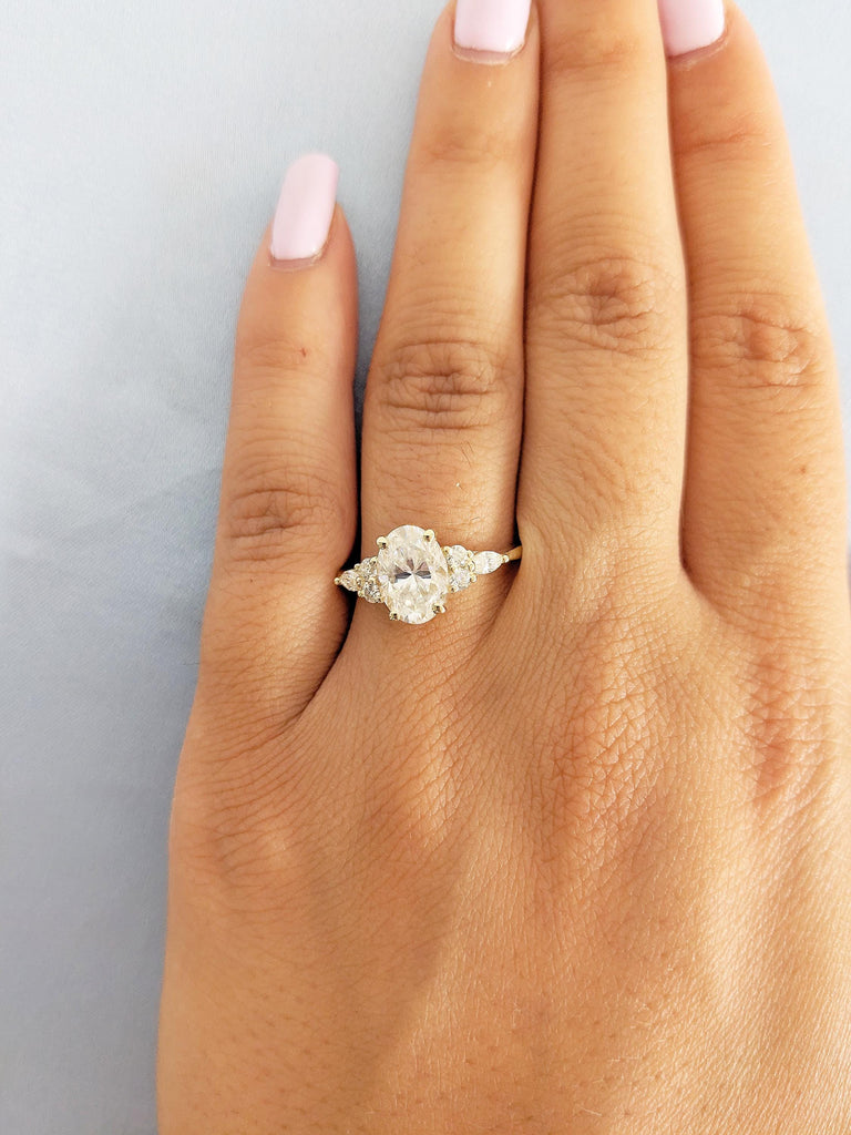 Oval Moissanite Engagement Ring, 14k Yellow Gold Ring, Round, Marquise Cut Diamond Cluster Ring, Art Deco Moissanite Ring, Anniversary Ring