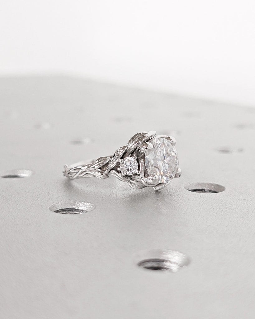 Nature Wedding Ring Set for Women, Round Moissanite Engagement Ring Set, White Gold Leaf Twig Branch Bridal Ring Set, Alternative Bridal Set