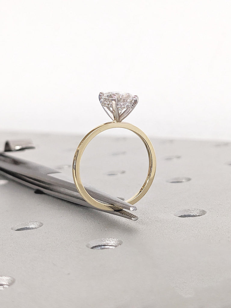 Oval Moissanite Ring, 14k Gold Ring, Two Tone Ring, Hidden Halo Statement Rings for Women