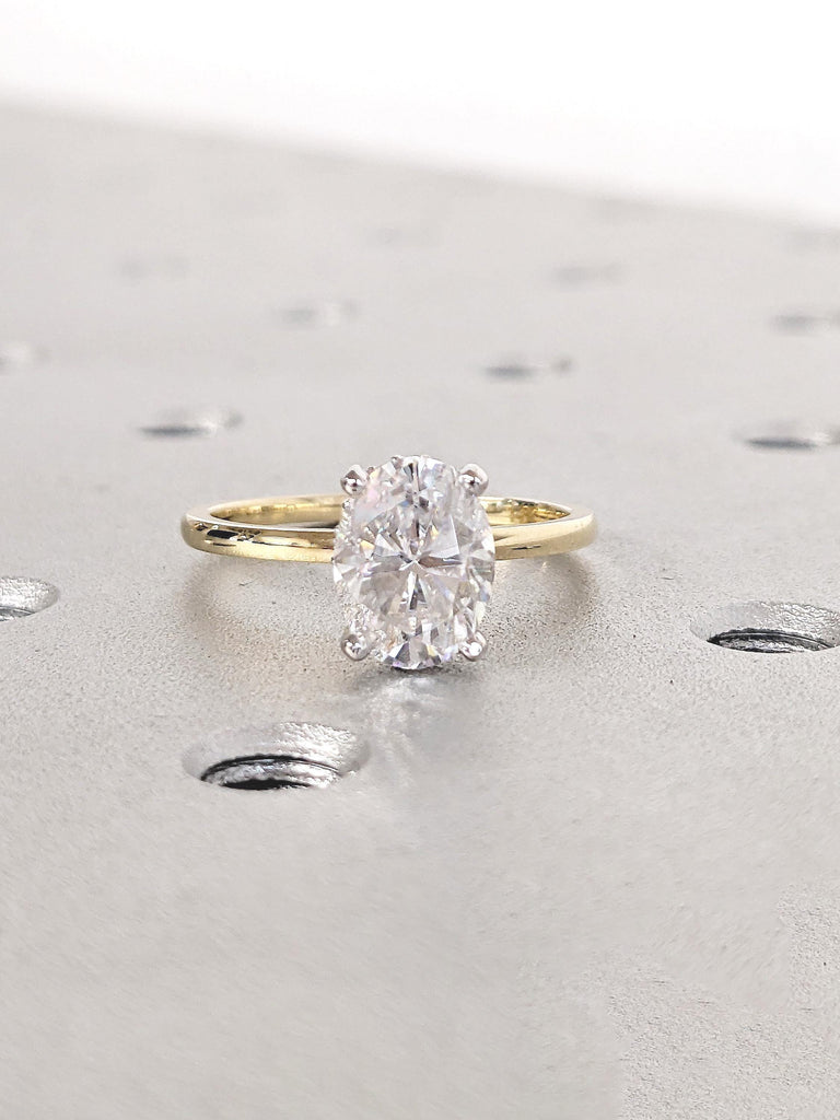 Two Tone Oval Moissanite Ring for Women, Hidden Halo Engagement Ring, Dainty 14k Yellow, White Gold Ring, Solitaire Ring, Personalized Ring