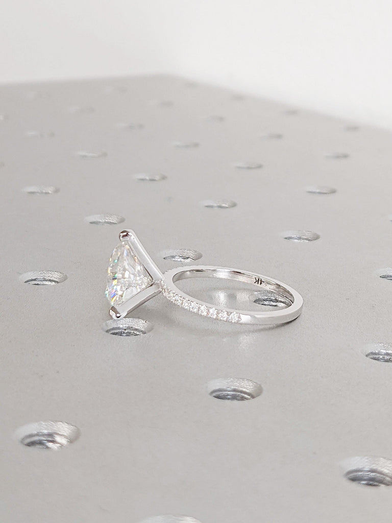 14K White Gold Moissanite Engagement Ring | Trillion Cut Moissanite Solitaire Ring | Unique Pave Band Wedding Ring | Modern Bridal Jewelry