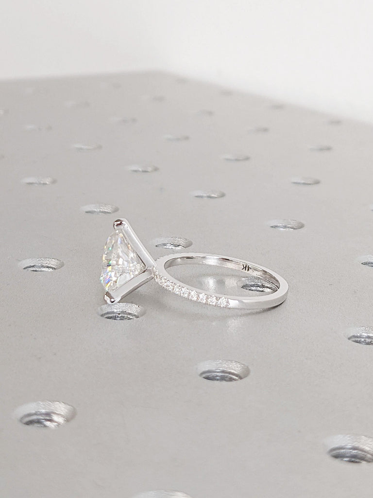 Moissanite Engagement Ring: Trillion Cut with Pave Band in 14K White Gold