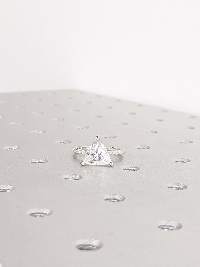 14K White Gold Moissanite Engagement Ring | Trillion Cut Moissanite Solitaire Ring | Unique Pave Band Wedding Ring | Modern Bridal Jewelry
