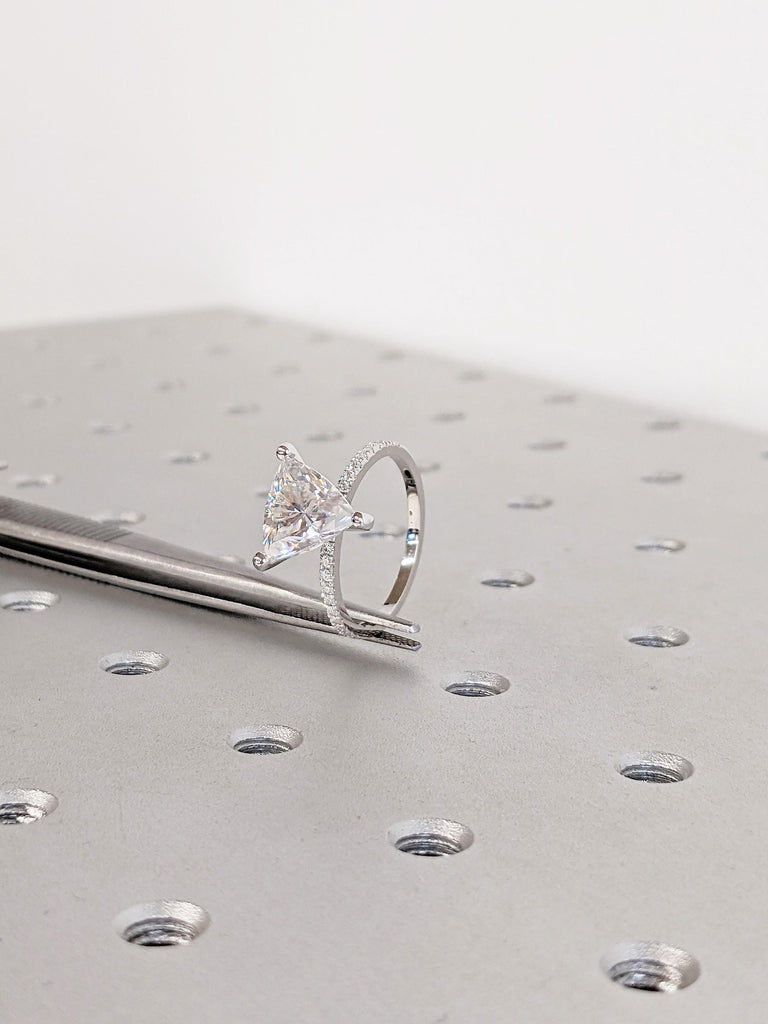 14K White Gold Moissanite Engagement Ring | Trillion Cut Moissanite Solitaire Ring | Unique Pave Band Wedding Ring | Modern Bridal Jewelry