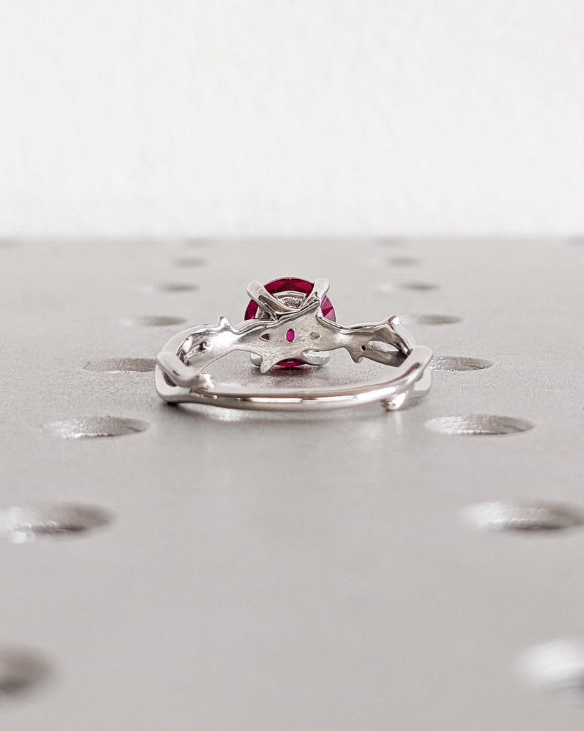 Lab Created Red Ruby Ring, 18K White Gold Ruby Engagement Ring, Red Gemstone Promise Ring, Nature Leaf Twig Solitaire Ring, July Birthstone