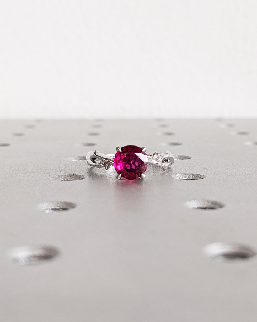 Lab Created Red Ruby Ring, 18K White Gold Ruby Engagement Ring, Red Gemstone Promise Ring, Nature Leaf Twig Solitaire Ring, July Birthstone