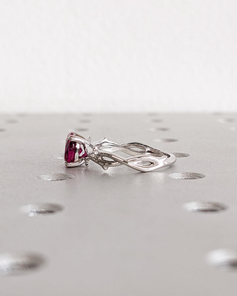 Lab Created Red Ruby Ring, 18K White Gold Ruby Engagement Ring, Red Gemstone Promise Ring, Nature Leaf Twig Solitaire Ring, July Birthstone