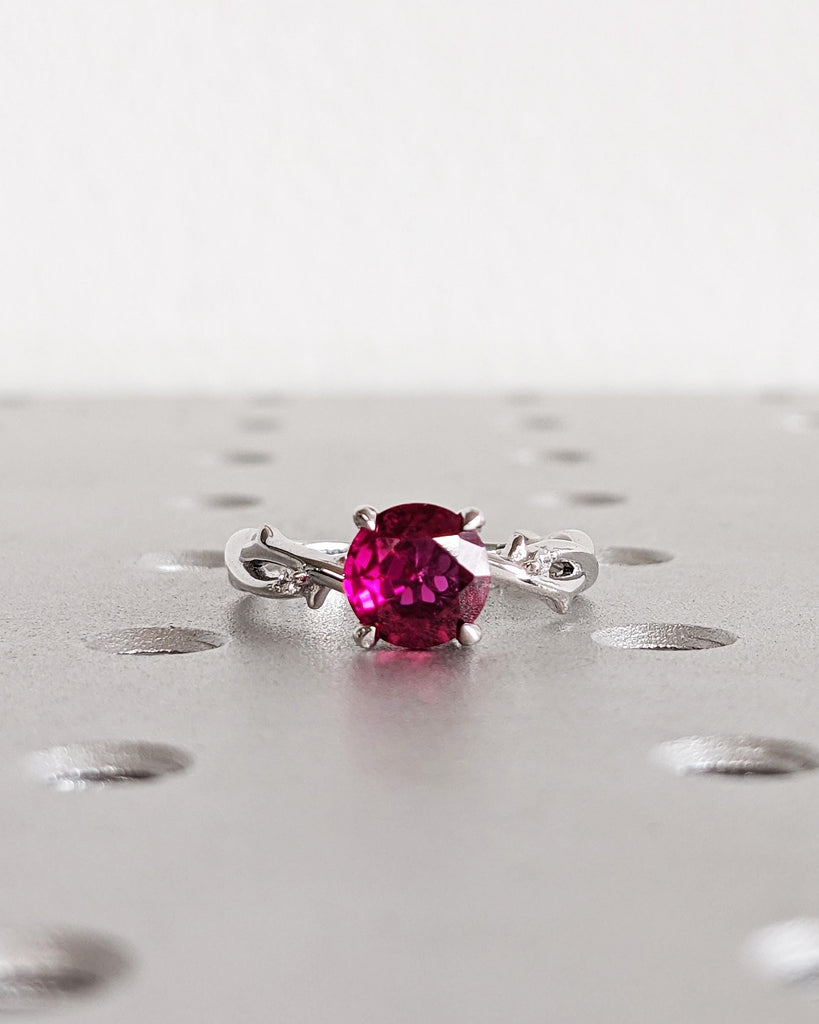 Lab Created Red Ruby Ring, 18K White Gold Ruby Engagement Ring, Red Gemstone Promise Ring, Nature Leaf Twig Solitaire Ring, July Birthstone