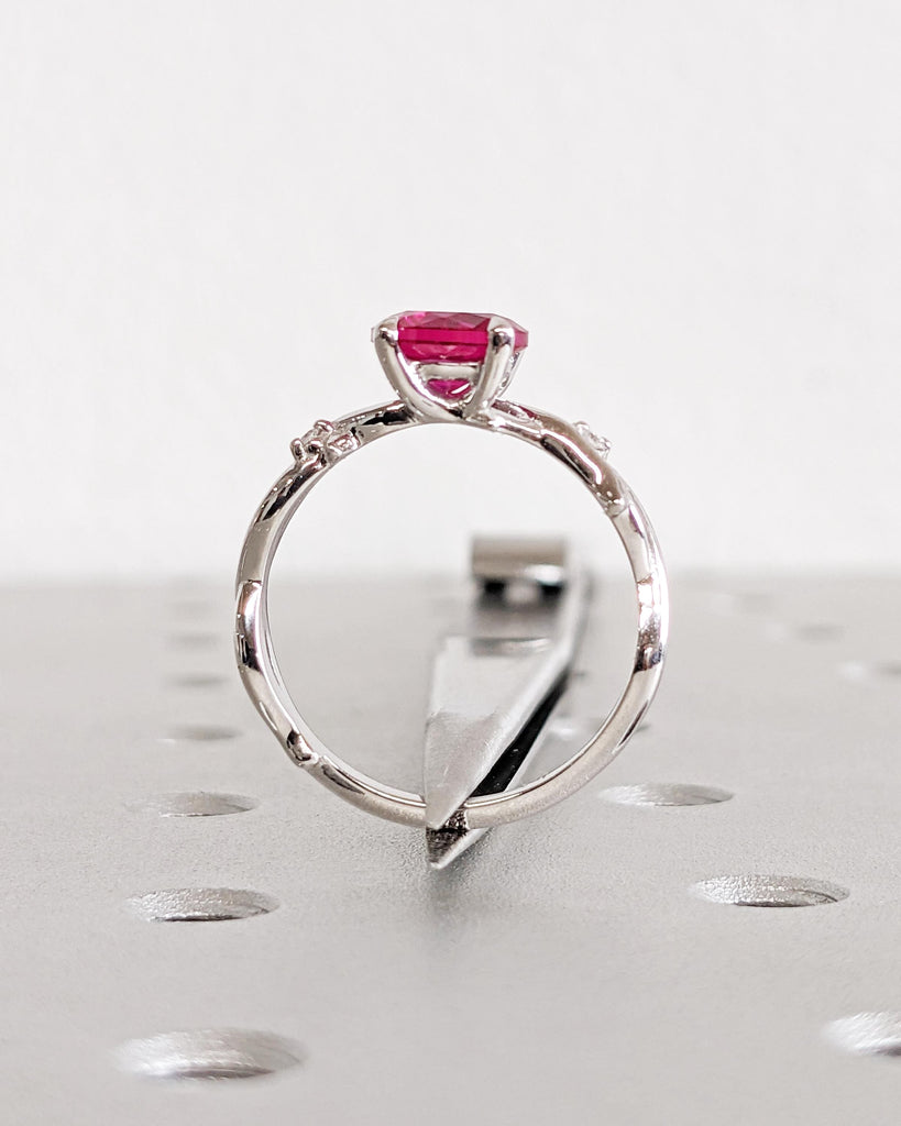 Lab Created Red Ruby Ring, 18K White Gold Ruby Engagement Ring, Red Gemstone Promise Ring, Nature Leaf Twig Solitaire Ring, July Birthstone