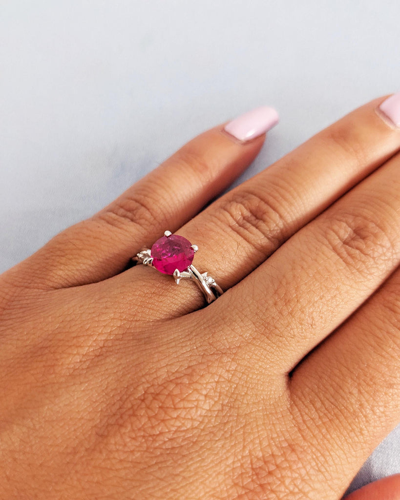 Lab Created Red Ruby Ring, 18K White Gold Ruby Engagement Ring, Red Gemstone Promise Ring, Nature Leaf Twig Solitaire Ring, July Birthstone