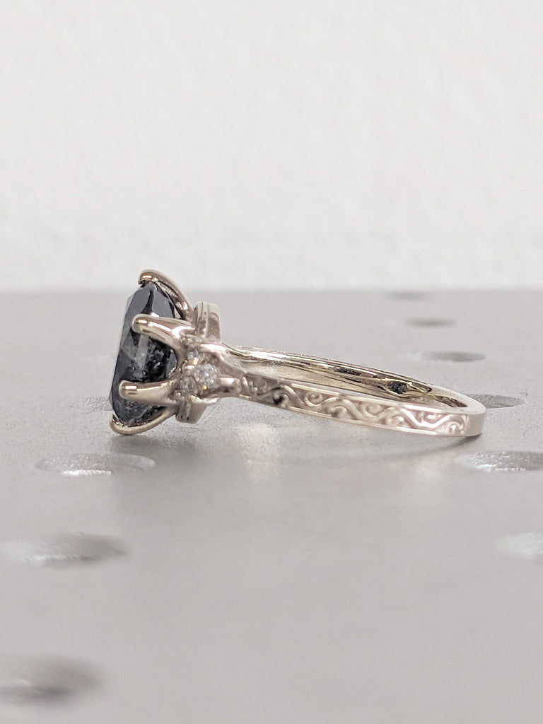 Oval Engagement Ring, Salt and Pepper Diamond Wedding Anniversary Ring, Filigree Ring, 14k Gold Ring, Round, Marquise Diamond Cluster Ring