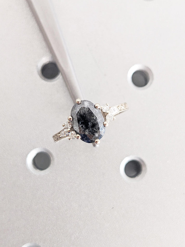 Oval Engagement Ring, Salt and Pepper Diamond Wedding Anniversary Ring, Filigree Ring, 14k Gold Ring, Round, Marquise Diamond Cluster Ring