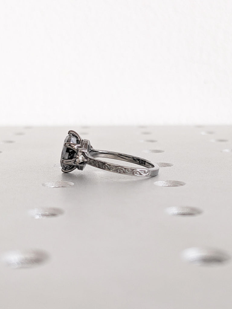 Salt and Pepper Diamond Ring, Oval Engagement Ring, Filigree Ring, 14k Black Gold Ring