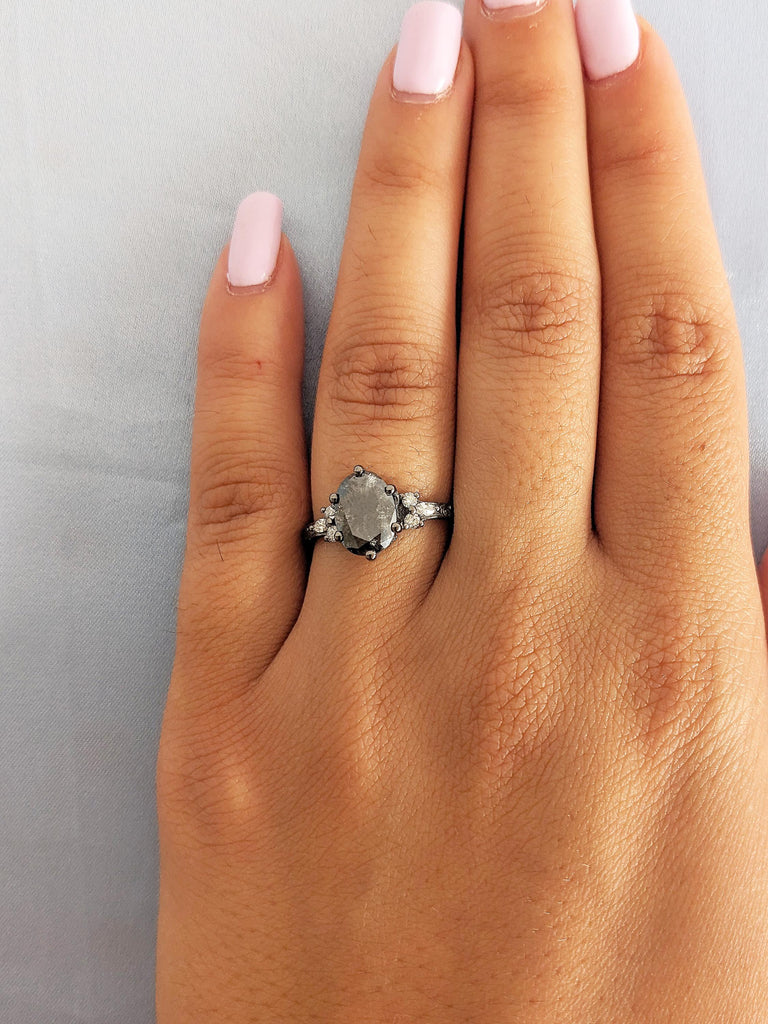 Salt and Pepper Diamond Ring, Oval Engagement Ring, Filigree Ring, 14k Black Gold Ring
