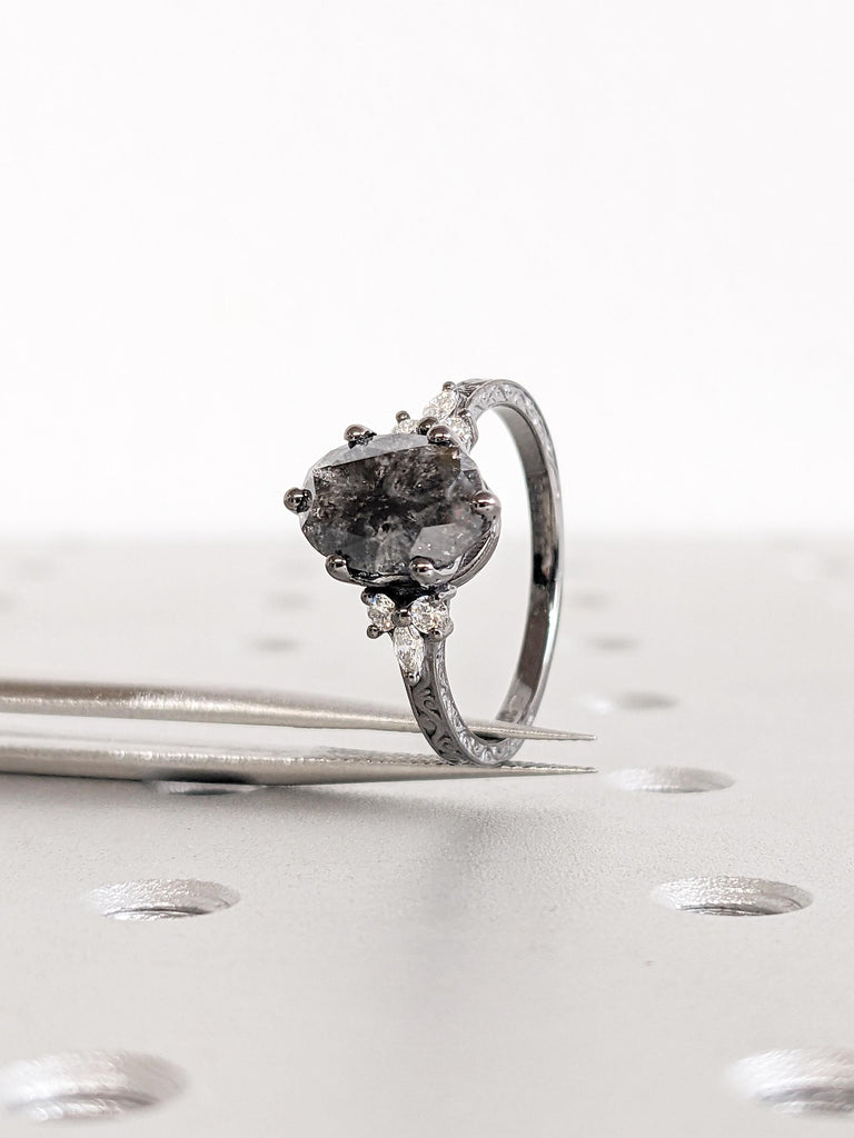 Salt and Pepper Diamond Ring, Oval Engagement Ring, Filigree Ring, 14k Black Gold Ring