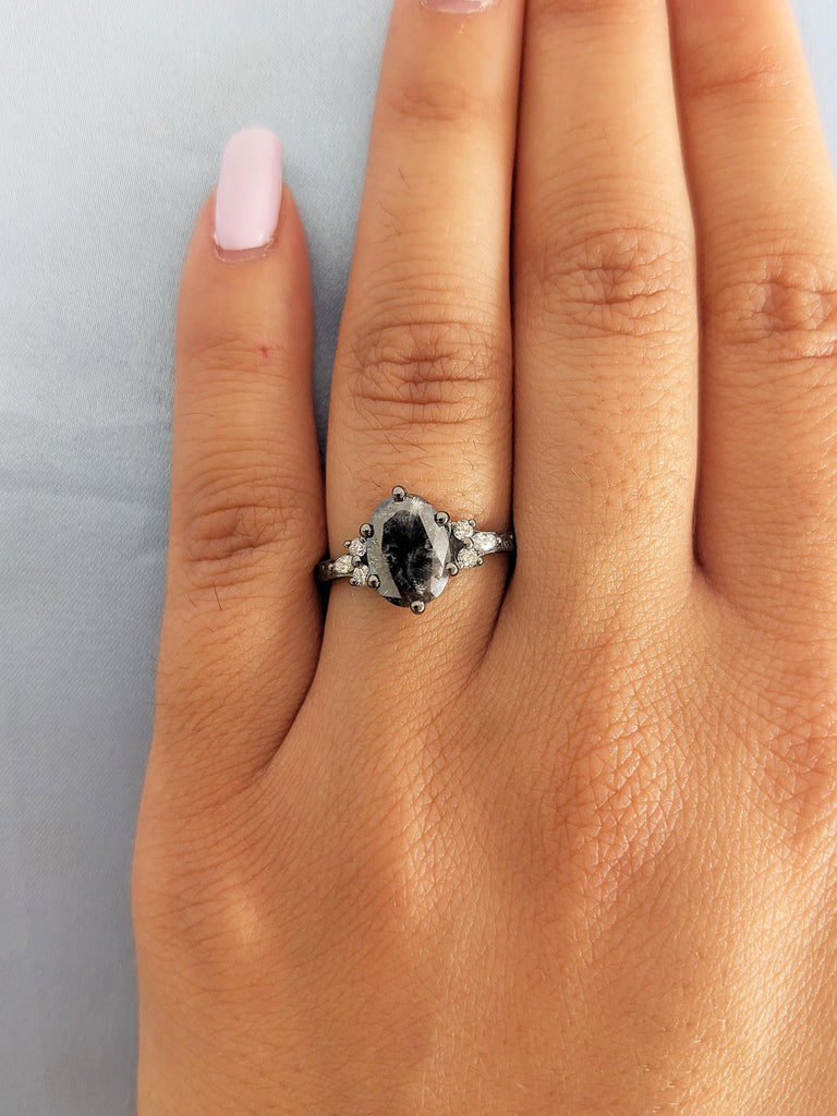 Salt and Pepper Diamond Ring, Oval Engagement Ring, Filigree Ring, 14k Black Gold Ring