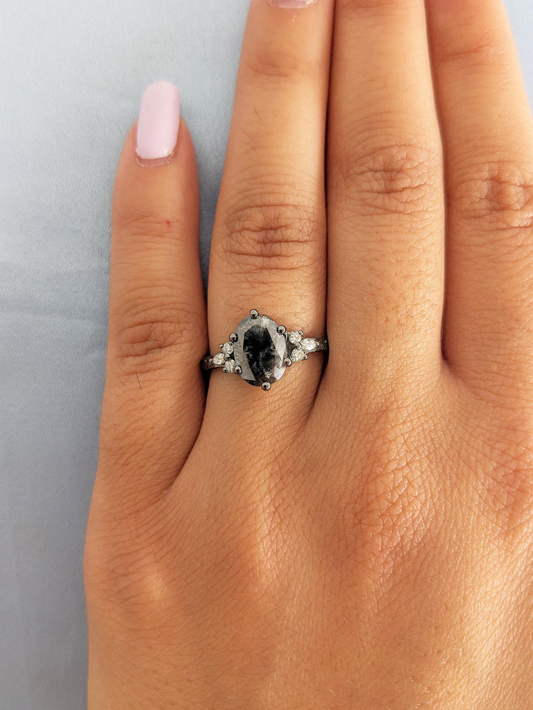 Oval Salt and Pepper Diamond Engagement Ring, Vintage Black Diamond Ring, Art Deco 14k Black Gold Filigree Ring, Personalized Statement Ring