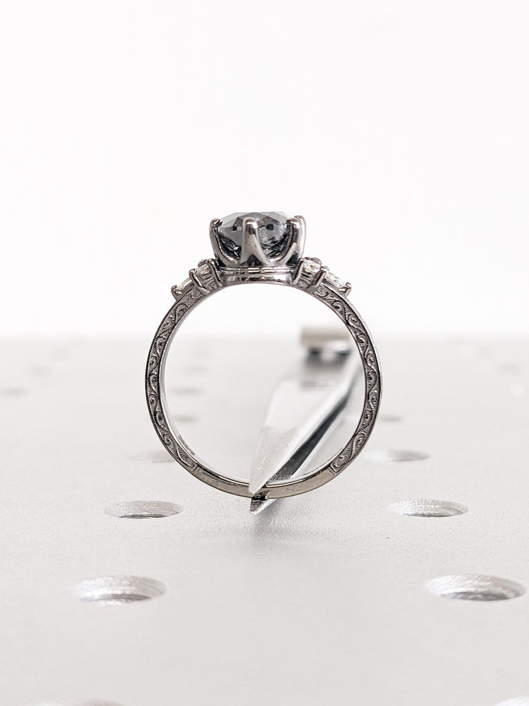 Oval Salt and Pepper Diamond Engagement Ring, Vintage Black Diamond Ring, Art Deco 14k Black Gold Filigree Ring, Personalized Statement Ring