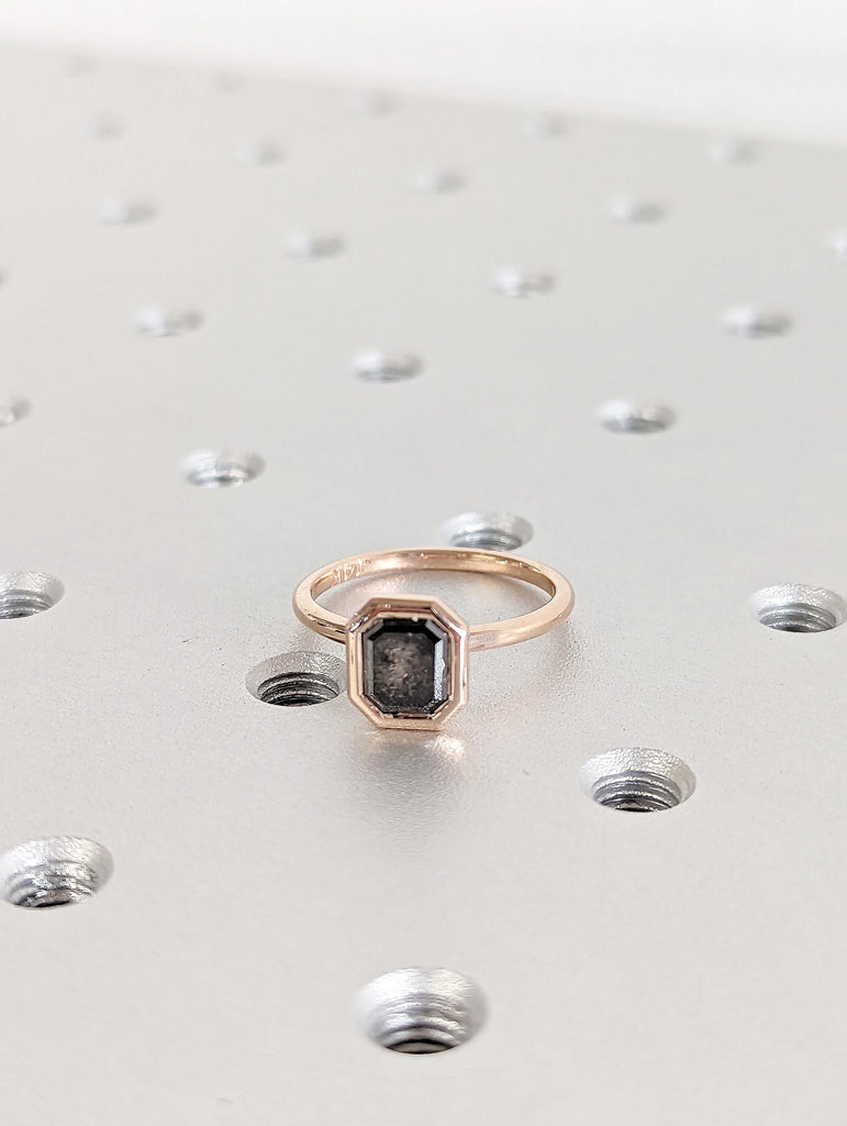 14K Rose Gold Diamond Ring | Emerald Cut Salt and Pepper Diamond Ring | Salt and Pepper Diamond Engagement Ring | Bezel Set Solitaire Ring