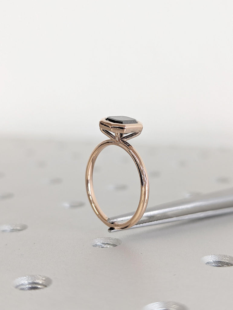 14K Rose Gold Diamond Ring | Emerald Cut Salt and Pepper Diamond Ring | Salt and Pepper Diamond Engagement Ring | Bezel Set Solitaire Ring
