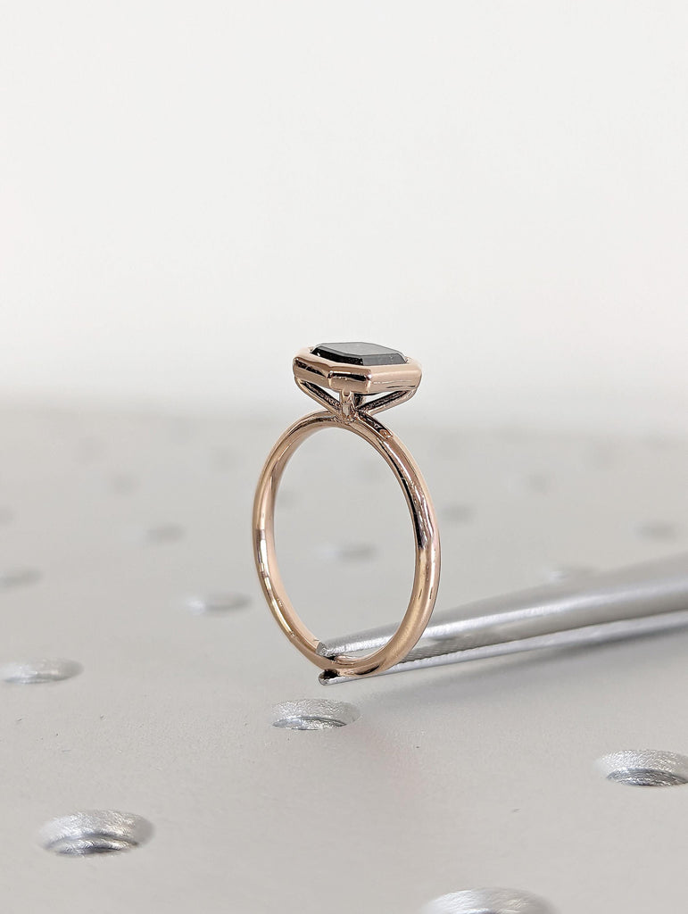 Salt and Pepper Diamond Ring: Emerald Cut Bezel Set Solitaire in 14K Rose Gold