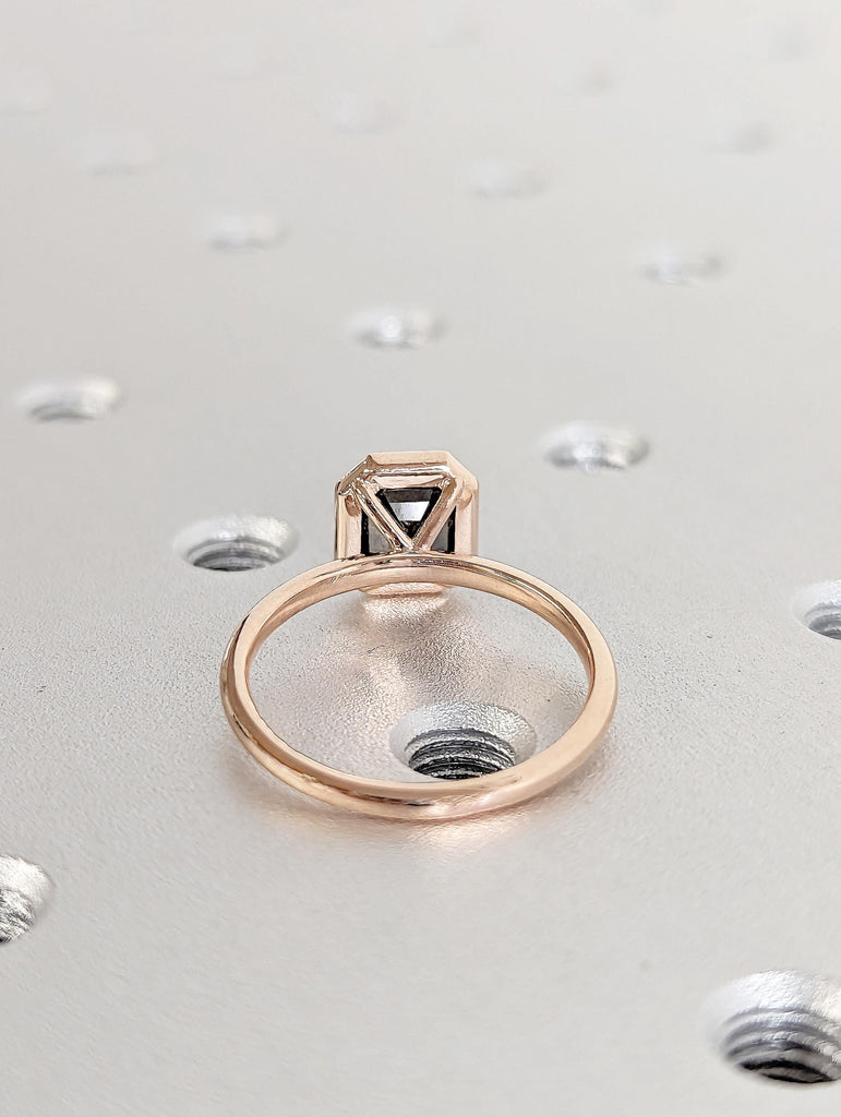 14K Rose Gold Diamond Ring | Emerald Cut Salt and Pepper Diamond Ring | Salt and Pepper Diamond Engagement Ring | Bezel Set Solitaire Ring