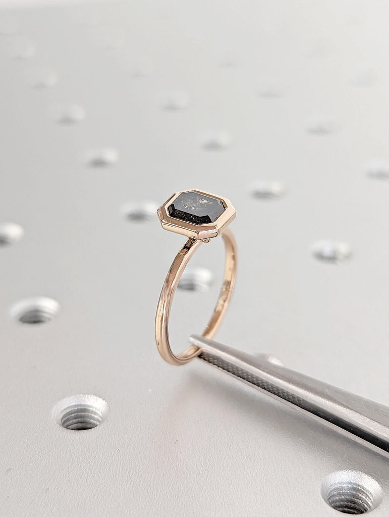 Salt and Pepper Diamond Ring: Emerald Cut Bezel Set Solitaire in 14K Rose Gold