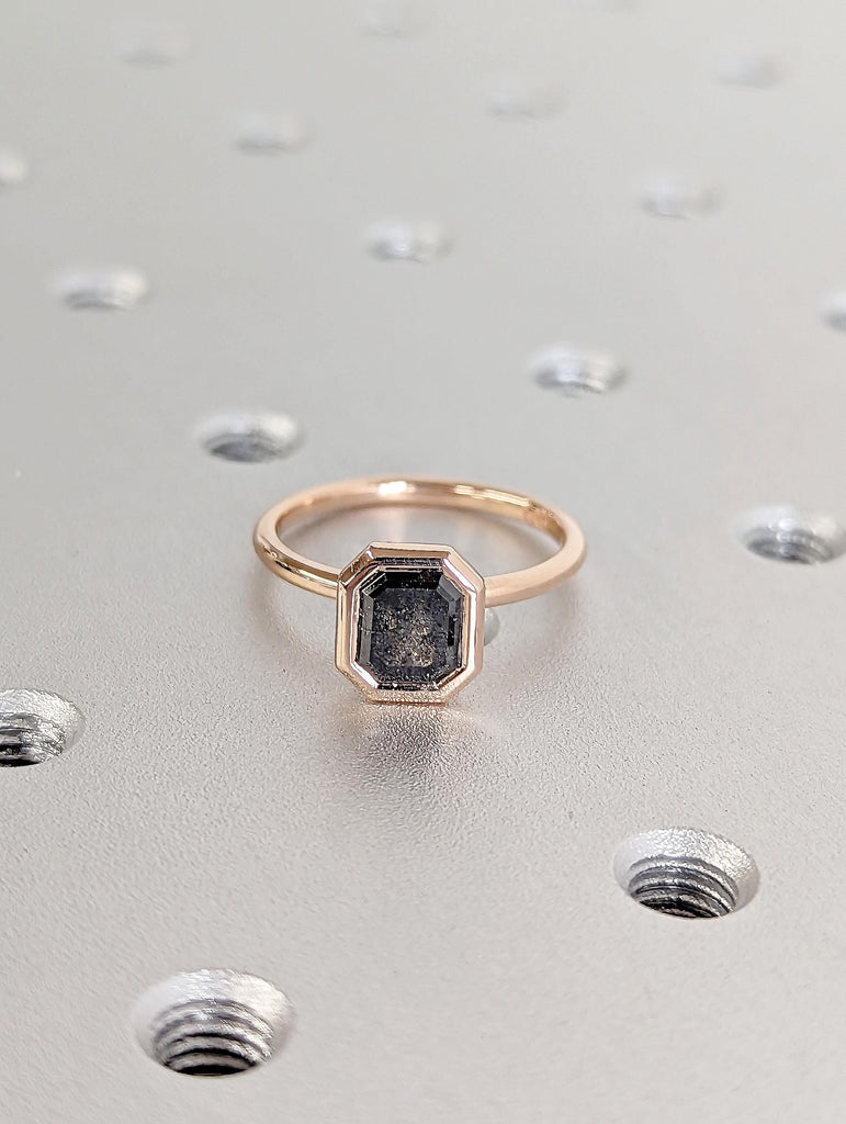 14K Rose Gold Diamond Ring | Emerald Cut Salt and Pepper Diamond Ring | Salt and Pepper Diamond Engagement Ring | Bezel Set Solitaire Ring