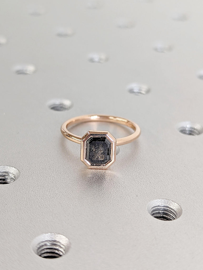 Salt and Pepper Diamond Ring: Emerald Cut Bezel Set Solitaire in 14K Rose Gold