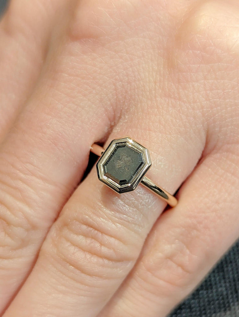 14K Rose Gold Diamond Ring | Emerald Cut Salt and Pepper Diamond Ring | Salt and Pepper Diamond Engagement Ring | Bezel Set Solitaire Ring