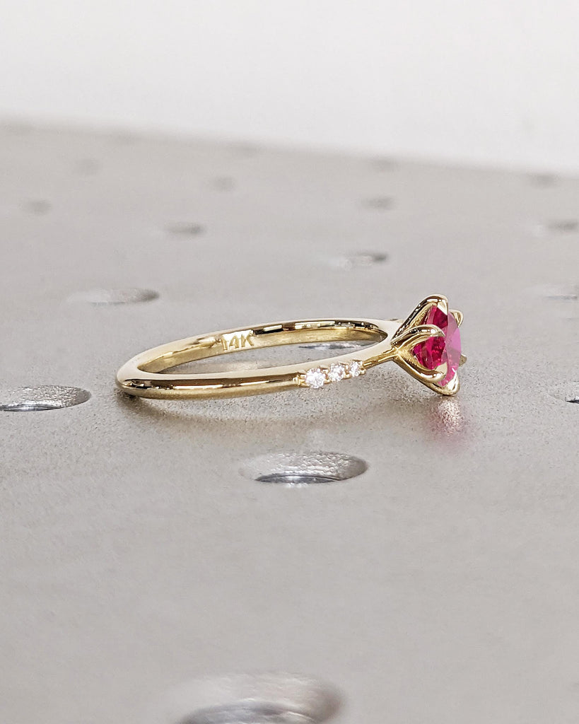 Dainty Red Ruby Ring: Round cut Lab Ruby, Side Accents (Diamond or Moissanite), Tapered Band, 14k Solid Gold, Women&#39;s Engagement Ring