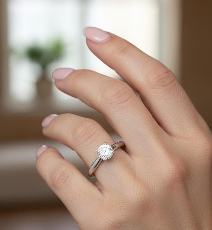 0.5 Carat Round Brilliant Moissanite Engagement Ring For Women, Thin Plain Band 6 Prong Solitaire Moissanite Ring, 14K White, Yellow or Rose