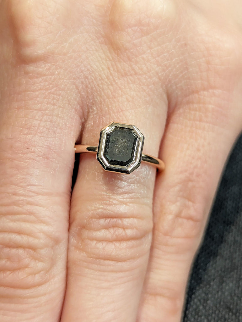 Salt and Pepper Diamond Ring: Emerald Cut Bezel Set Solitaire in 14K Rose Gold