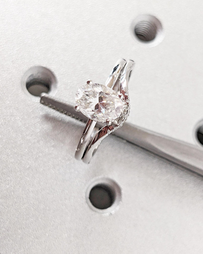 Moissanite Oval Engagement Ring Set, Moissanite Bridal Set, Diamond Hidden Halo Wedding Ring Set, Matching Rings, White Gold Promise Rings