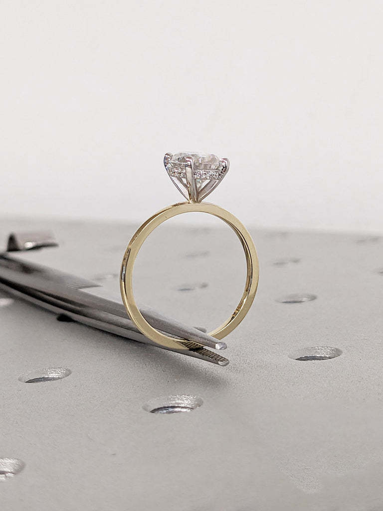 Oval Cut Lab Grown Diamond Engagement Ring, Vintage 14k Gold Solitaire Ring, Diamond Hidden Halo Ring, Two Tone Ring, Promise Ring for Her