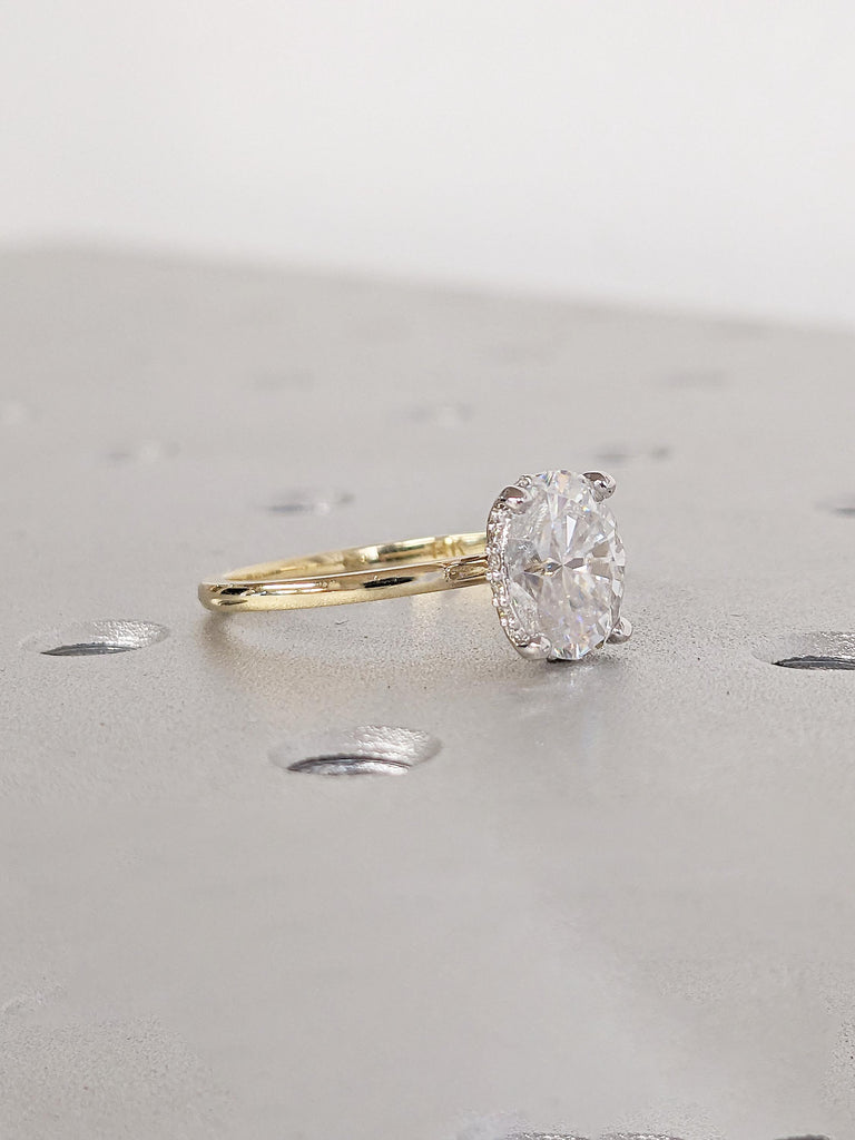 Oval Cut Lab Grown Diamond Engagement Ring, Vintage 14k Gold Solitaire Ring, Diamond Hidden Halo Ring, Two Tone Ring, Promise Ring for Her