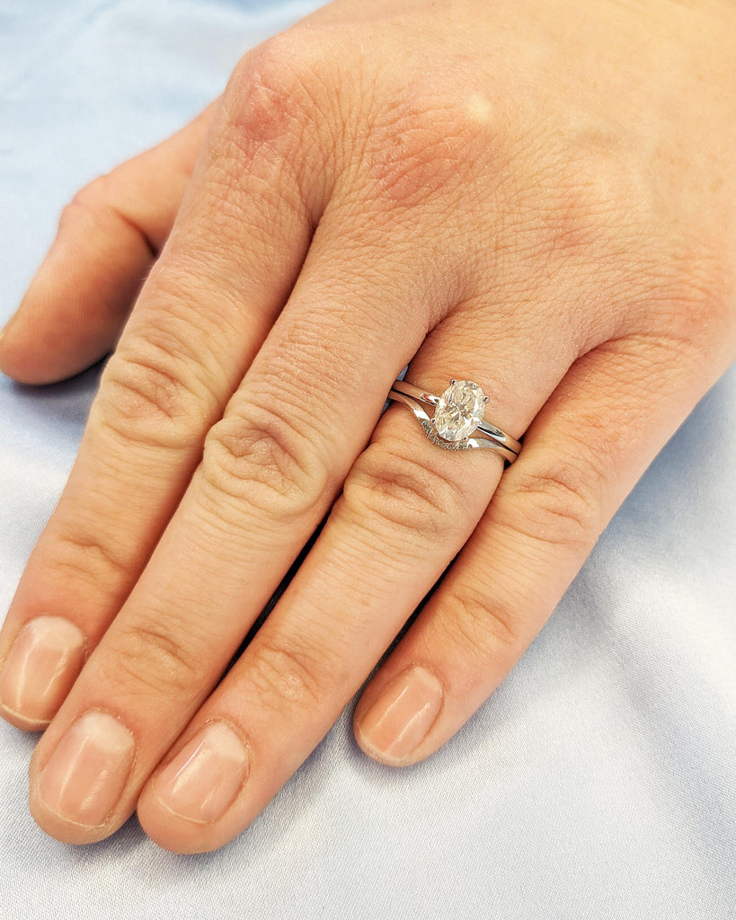 Moissanite Oval Engagement Ring Set, Moissanite Bridal Set, Diamond Hidden Halo Wedding Ring Set, Matching Rings, White Gold Promise Rings