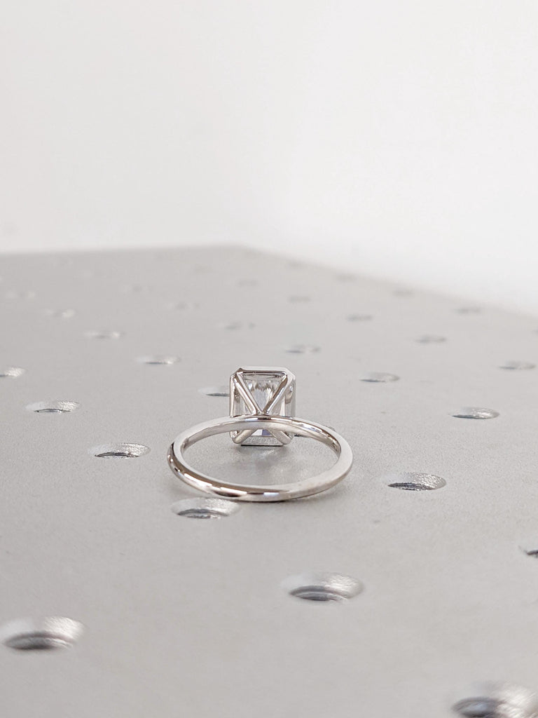 Radiant Cut Moissanite Engagement Ring | Dainty 14K White Gold Slim Wedding Band | Bezel Setting Statement Ring | Minimalist Solitaire Ring