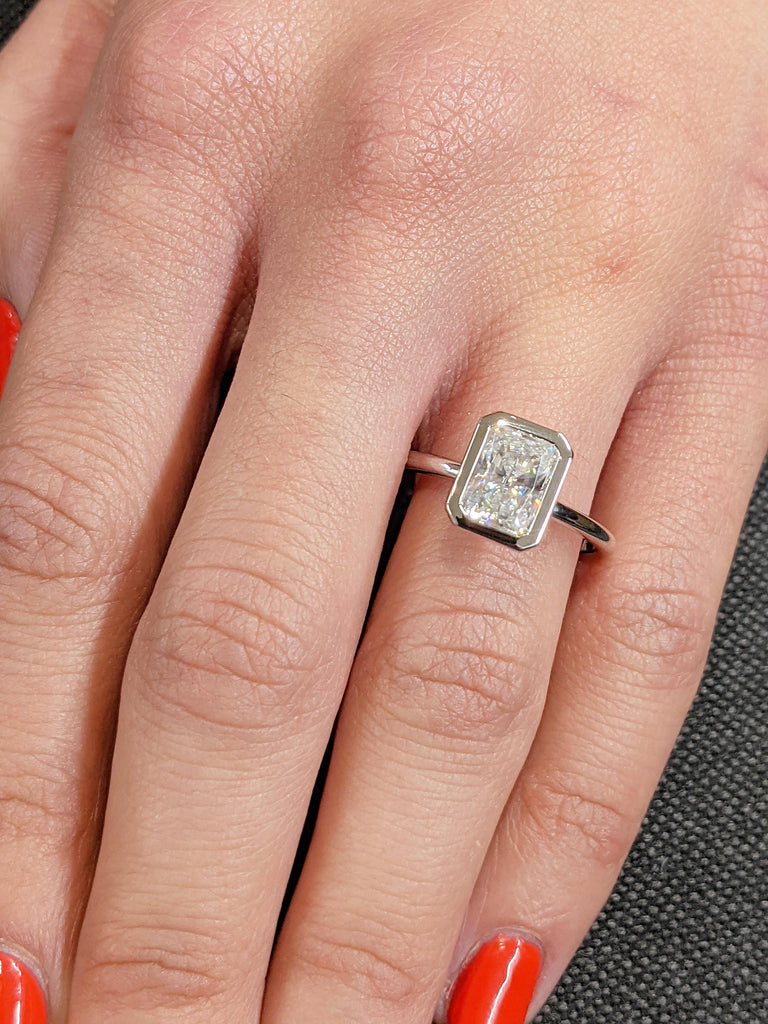 Radiant Cut Moissanite Engagement Ring | Dainty 14K White Gold Slim Wedding Band | Bezel Setting Statement Ring | Minimalist Solitaire Ring
