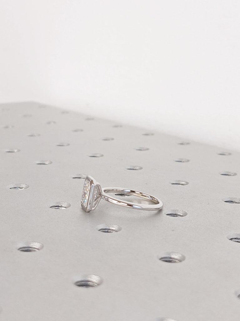 Radiant Cut Moissanite Engagement Ring | Dainty 14K White Gold Slim Wedding Band | Bezel Setting Statement Ring | Minimalist Solitaire Ring