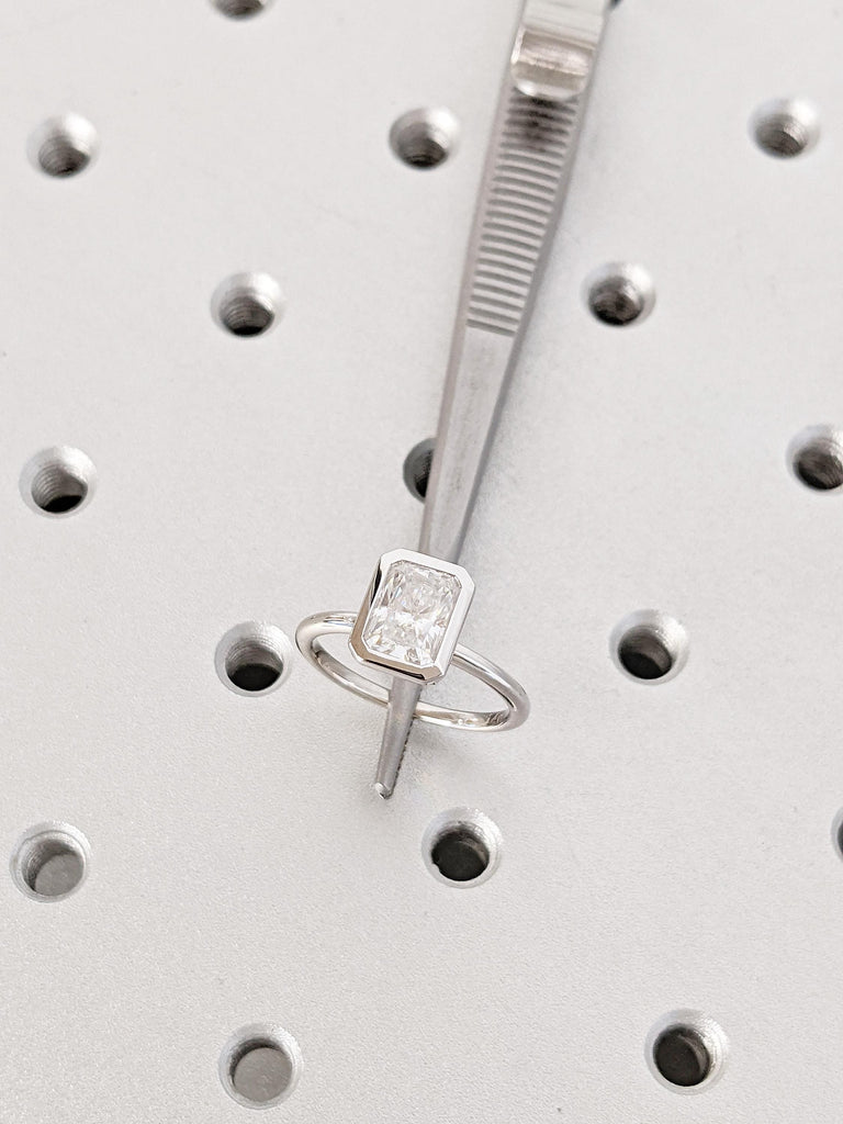 Radiant Cut Moissanite Engagement Ring | Dainty 14K White Gold Slim Wedding Band | Bezel Setting Statement Ring | Minimalist Solitaire Ring