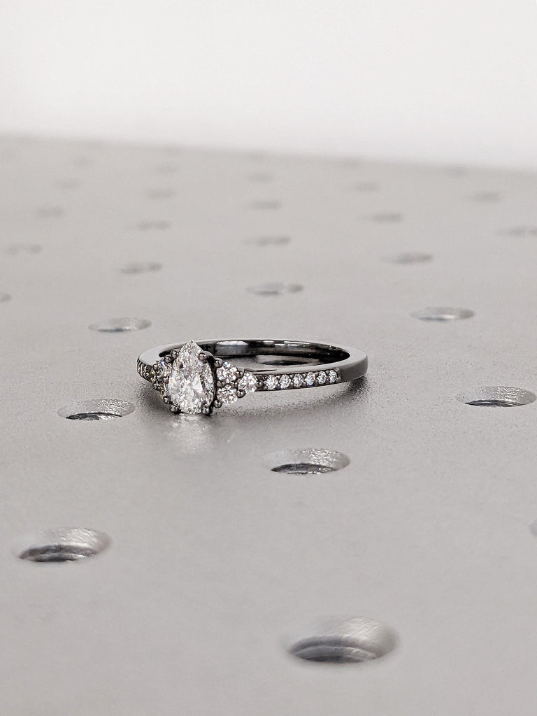 Art Deco Pear Lab Diamond Engagement Ring, 14K Solid Black Gold Pavé Round Diamond Wedding Band, Bold Bridal Jewelry, Gothic Promise Ring