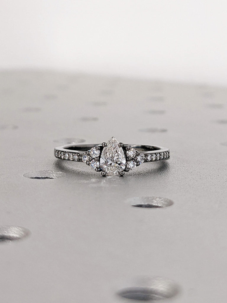 Art Deco Pear Lab Diamond Engagement Ring, 14K Solid Black Gold Pavé Round Diamond Wedding Band, Bold Bridal Jewelry, Gothic Promise Ring
