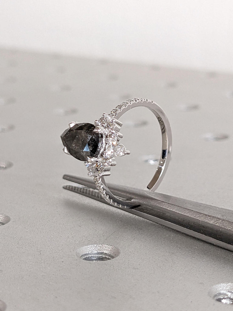Pear cut Salt and Pepper Diamond Promise Ring | Diamond Cluster Halo Ring | Crown Ring