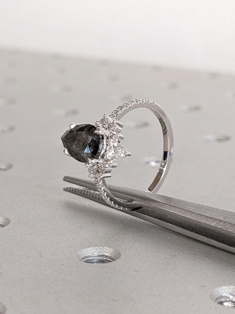 Pear cut Salt and Pepper Diamond Promise Ring | Diamond Cluster Halo Ring | Crown Ring