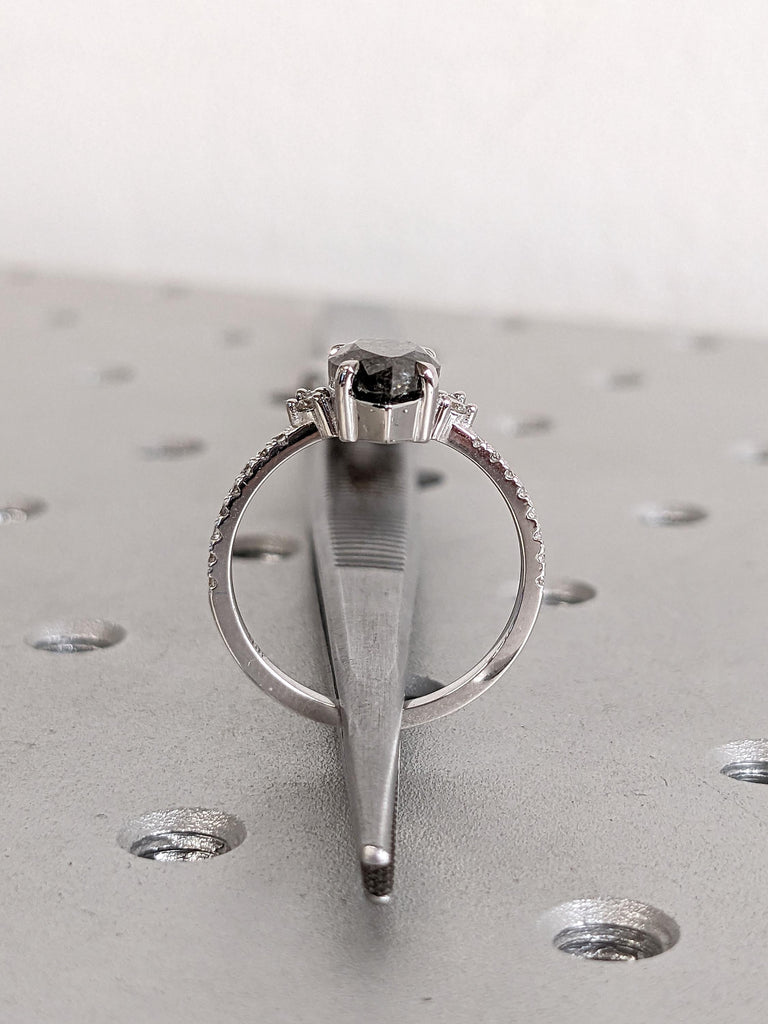 Natural Grey Diamond Engagement Ring | 18k White Gold Unique Crown Shape Halo Diamond Ring | Pear cut Salt and Pepper Diamond Promise Ring