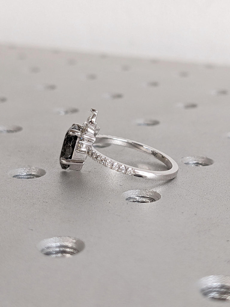 Natural Grey Diamond Engagement Ring | 18k White Gold Unique Crown Shape Halo Diamond Ring | Pear cut Salt and Pepper Diamond Promise Ring