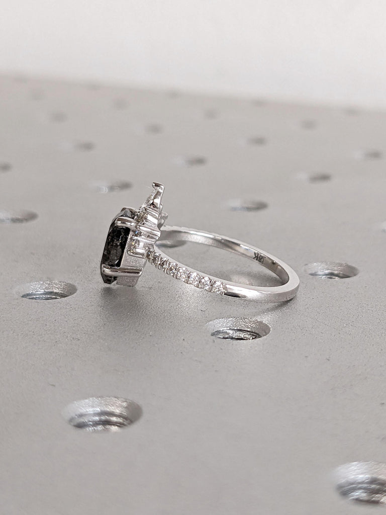 Solid Gold Pear cut Engagement Ring | 1, 1.5, 2ct Salt and Pepper Diamond Wedding Anniversary Ring | Half Eternity Band